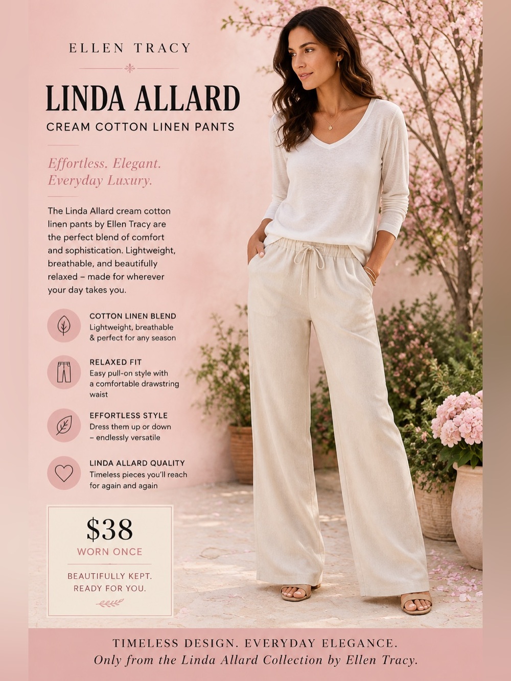 Linda Allard Ellen Tracy Cream cotton linens worn once Stock photo similar pant